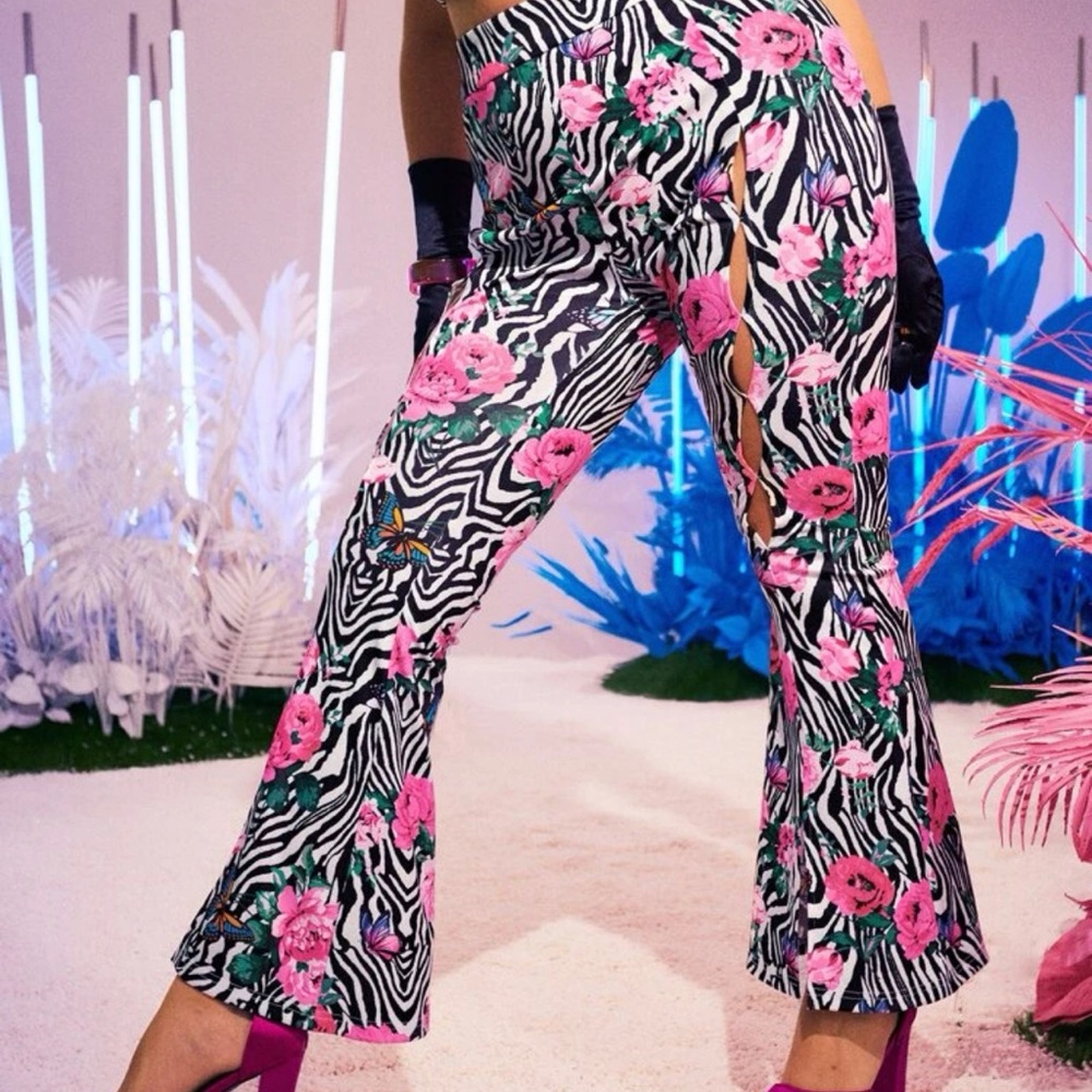 Zebra Stripe & Floral Print Cutout Pants